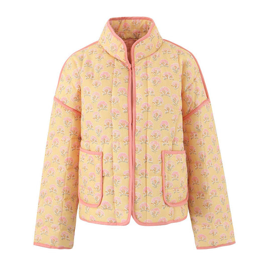 Floral Print Versatile Loose Quilted Jacket: Yellow