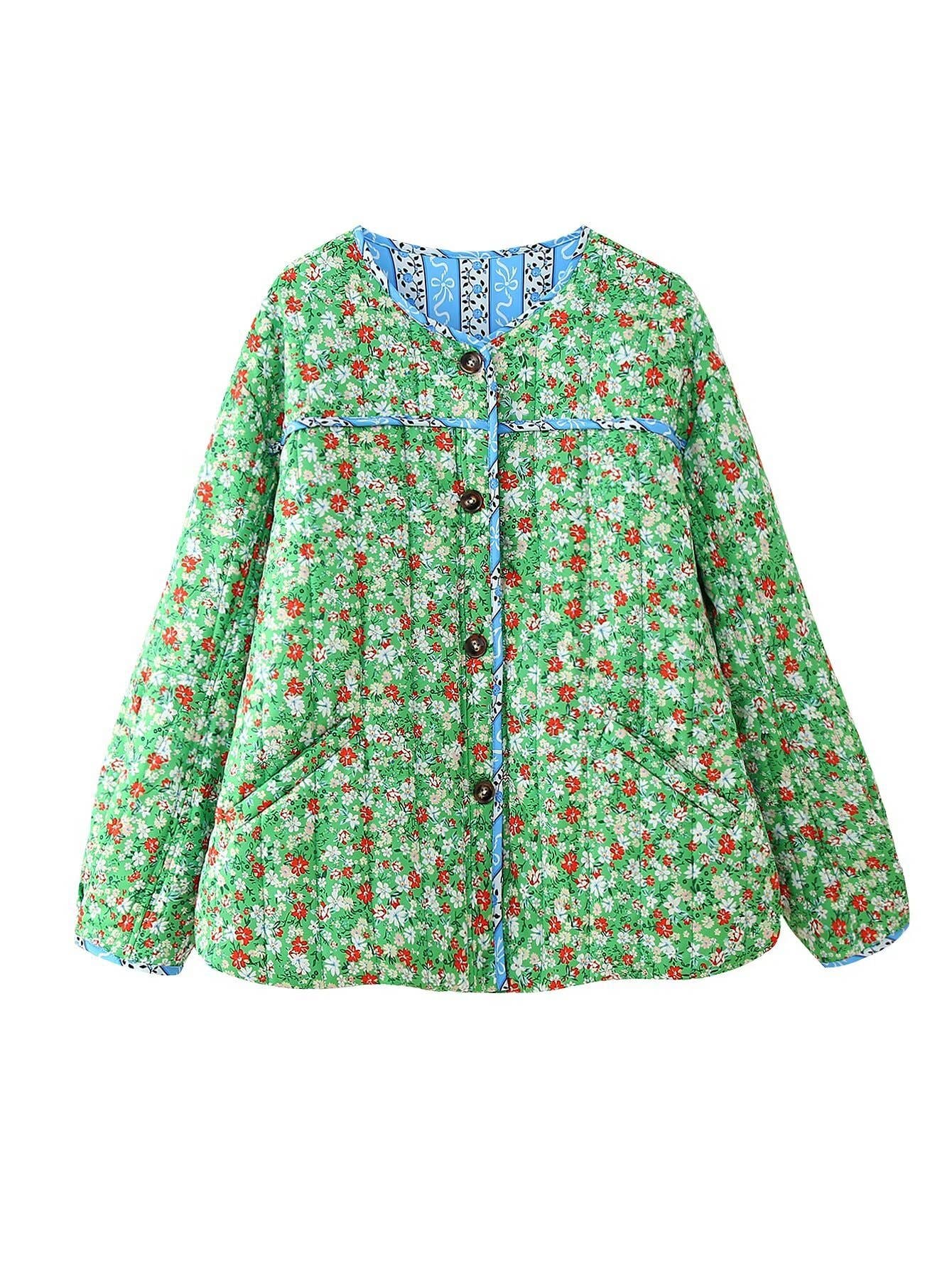 Stylish Floral Button Long-Sleeved Quilted Jacket