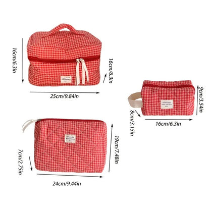 3-Piece Set, Red Berry Plaid Makeup Bag