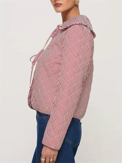 Women's Puffer Tie-Up Front Jacket - Red and White Stripe