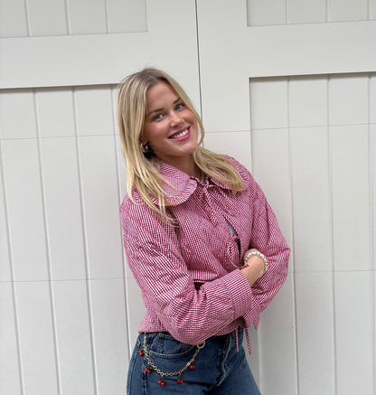 Quilted Plaid Jacket with Bow: Red