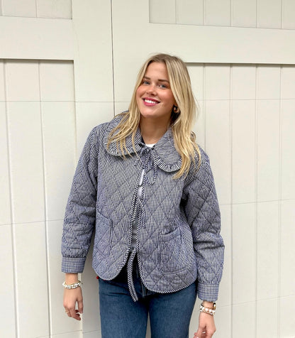 Quilted Plaid Jacket with Bow: Navy