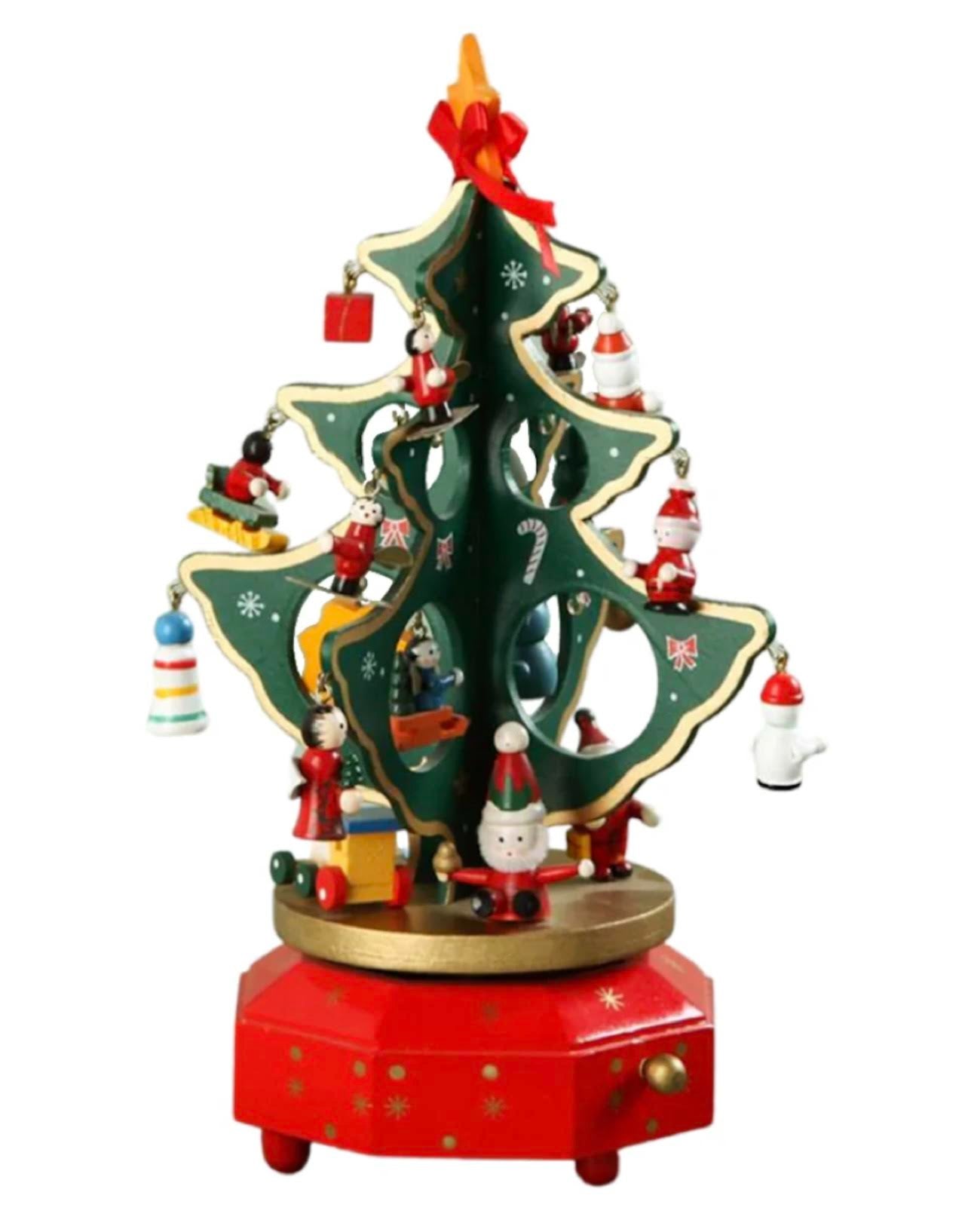 Wooden Christmas Tree Music Box with Ornaments