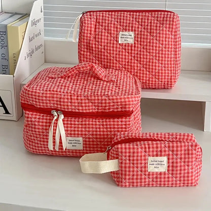 3-Piece Set, Red Berry Plaid Makeup Bag