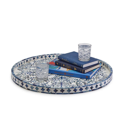 Blue and White Inlaid Decorative Round Serving Tray