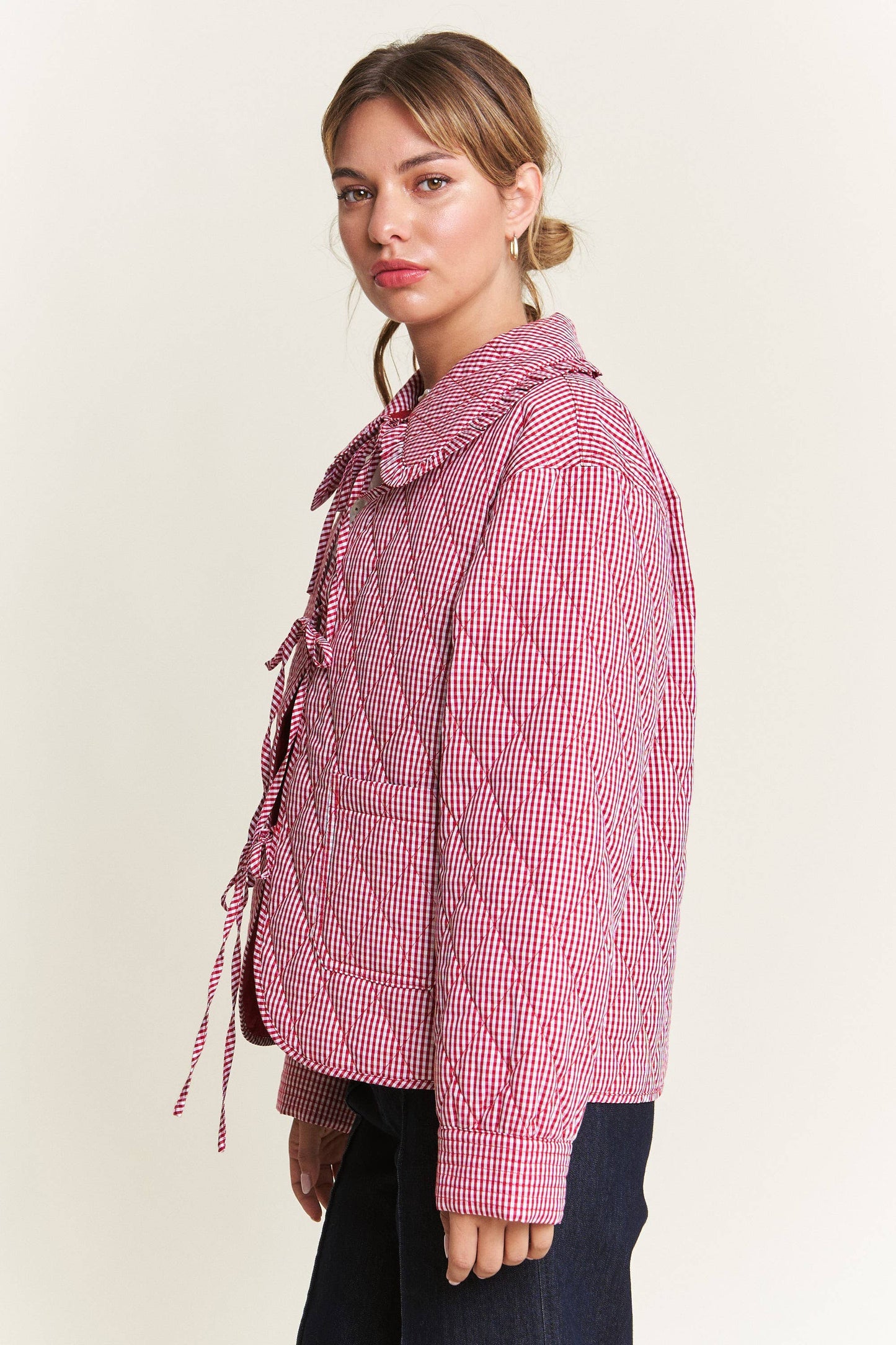 Quilted Plaid Jacket with Bow: Red