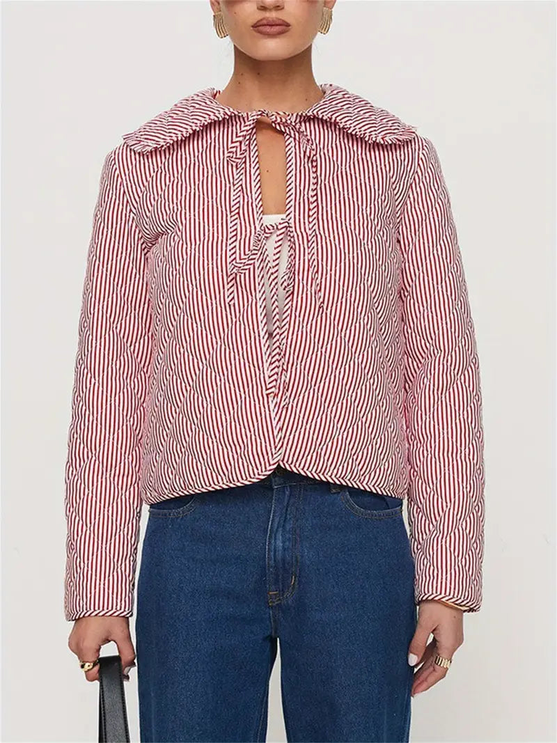 Women's Puffer Tie-Up Front Jacket - Red and White Stripe