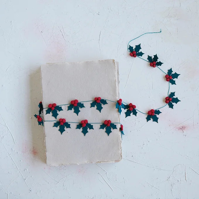 54"L Handmade Recycled Paper Holly Mini Garland w/ Pom Pom Berries, Green & Red