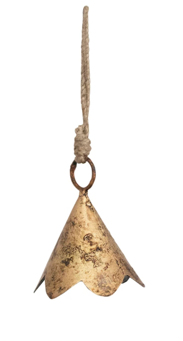 5-1/2"H Metal Bell Ornament, Heavily Distressed Brass Finish