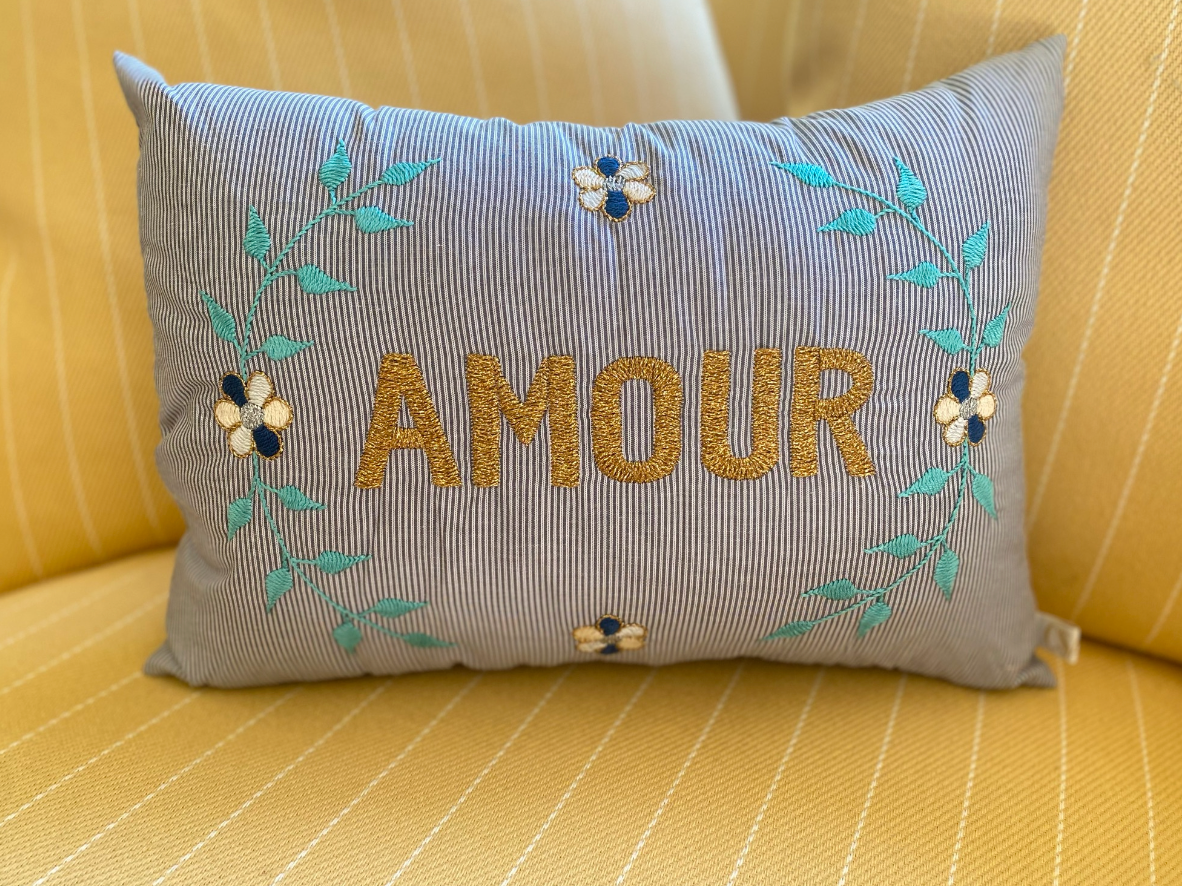 Parisian Hand-Embroidered "Amour" (Love) Pillow