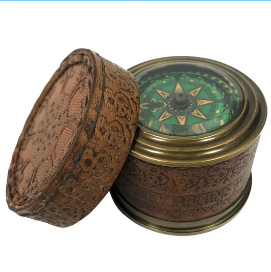 Madison Bay 2-3/4" Brass Compass in Leather - Wrapped Cylinder Case