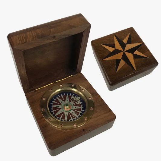 Madison Bay Co. 3" Wood Compass Box w/ Compass Rose Design & Brass Compass