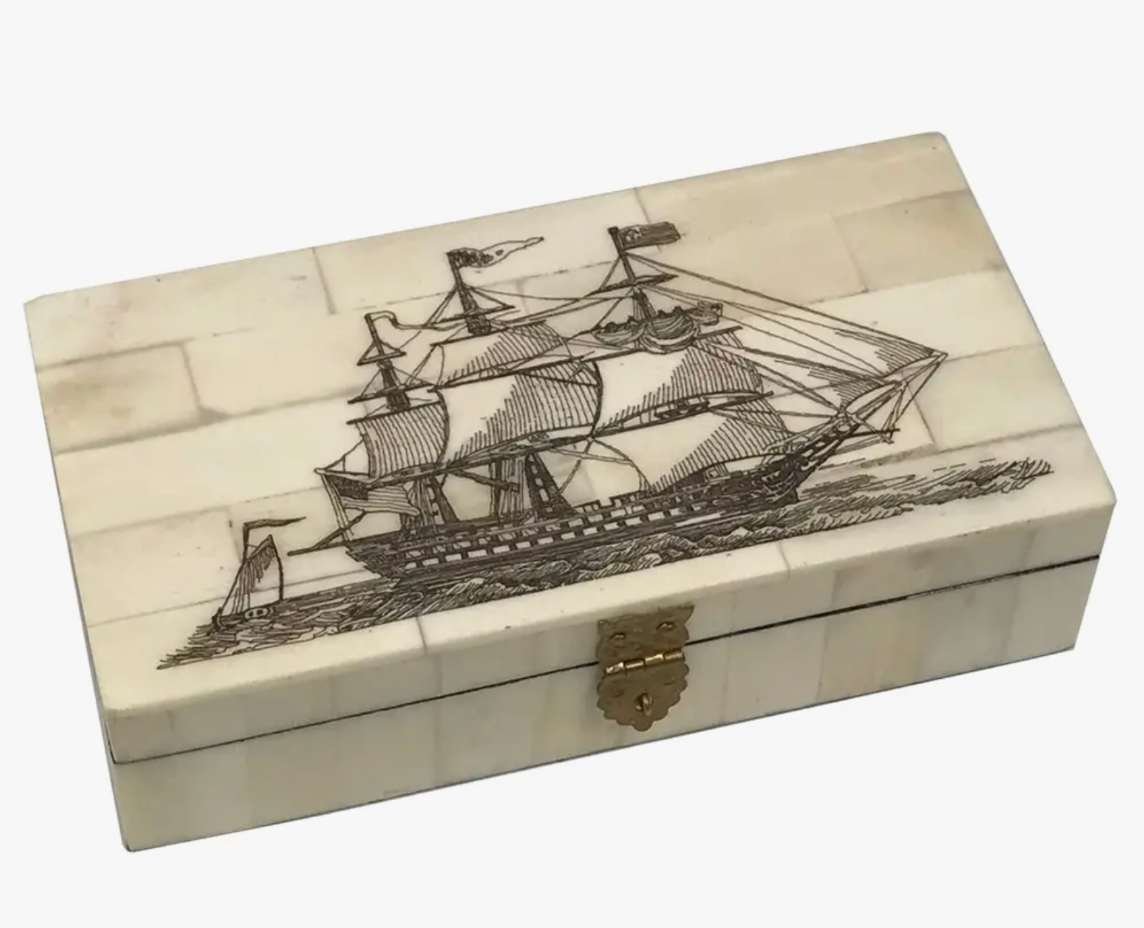 Madison Bay Co. 6-1/4" Ship of the Line Engraved Scrimshaw Bone Box