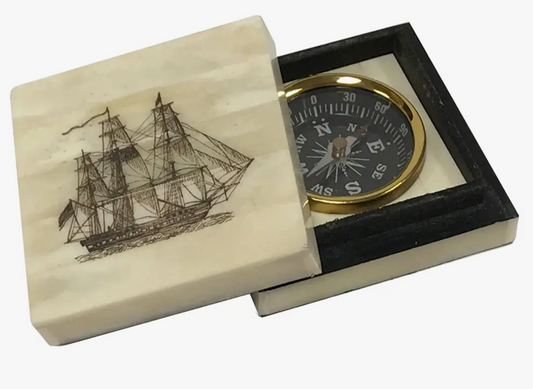 Madison Bay Co. American Frigate Engraved Scrimshaw Ox Bone Compass Box