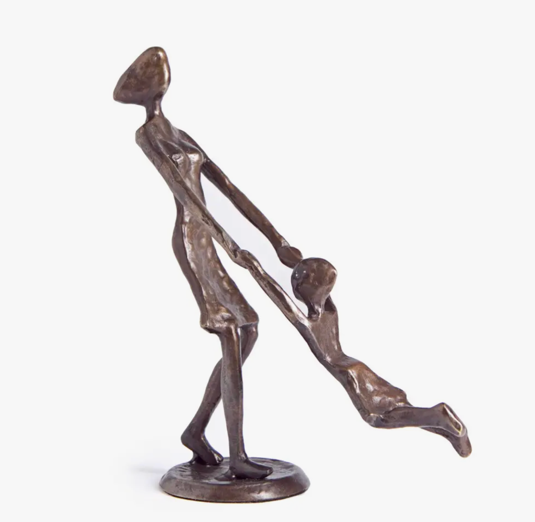 Mother Playing & Swinging Child Cast Bronze Figurine