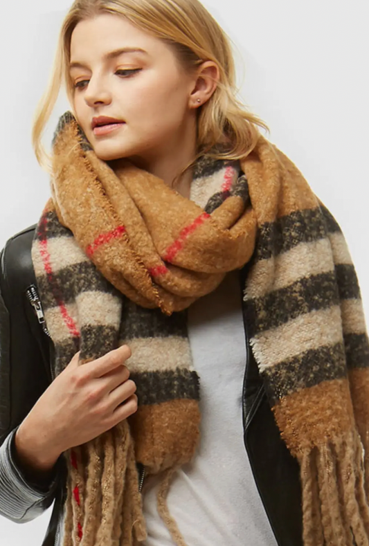 Camel Plaid Boucle Scarf