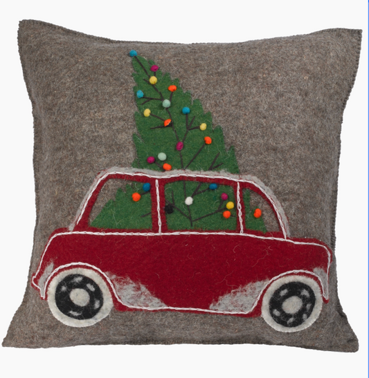 Arcadia Pillow Hand Felted Wool Christmas Pillow-Car with Tree on Gray-20"