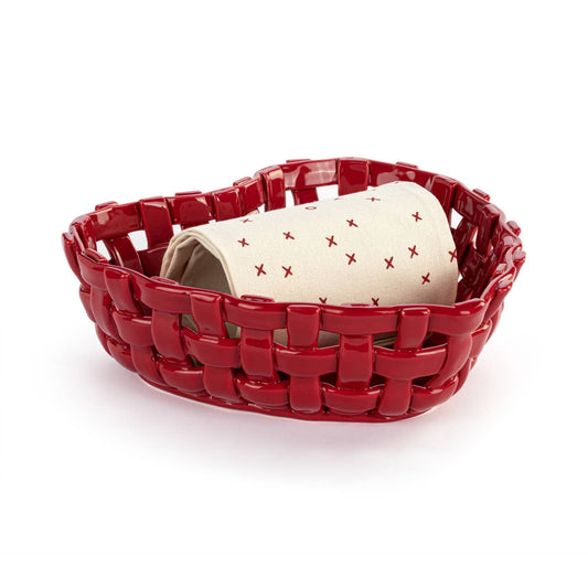 Red Ceramic Heart Bread Basket with Towel