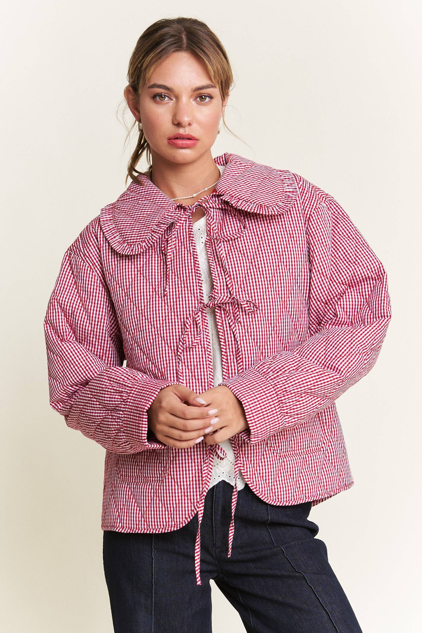 Quilted Plaid Jacket with Bow: Red