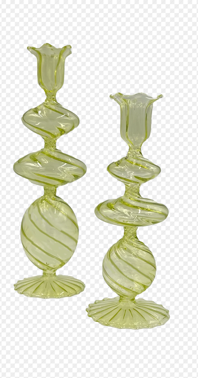 Abigail’s Large Green Swirl Glass Candlestick, Set of 2