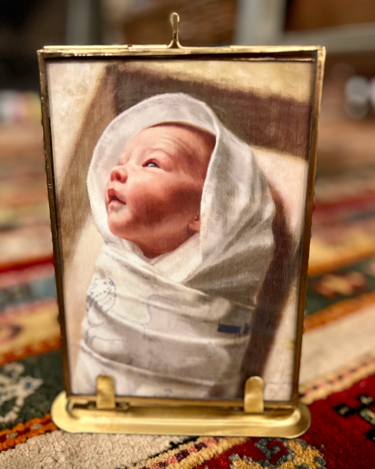 "Little Lamb" print in brass and glass frame w/ stand