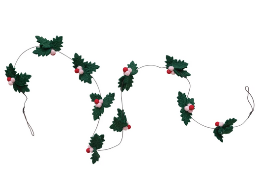 72"L Handmade Wool Felt Wired Leaves & Berries Garland, Multi Color